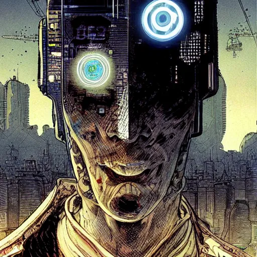 Image similar to Digital portrait of a cyborg from Ghost in the machine by Enki bilal and Moebius and francois Schuiten, cyberpunk, impressive perspective, aesthetic, masterpiece