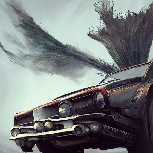 Image similar to full view of a car, intricate, elegant, highly detailed, digital painting, concept art, smooth, sharp focus, art style from Wang Ke and Greg Rutkowski and Bruce Kaiser and Scott Robertson and Dmitry Mazurkevich and Doruk Erdem and Jon Sibal, small style cue from Blade Runner and Mad Max