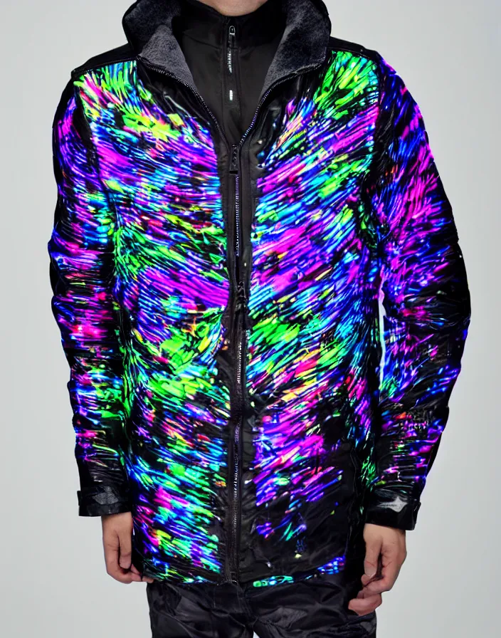 Image similar to generative design autumn season rave jacket with led screen skin and fluffy lining in the style of cyberdog, futuristic psychedelic hippy, product shot, dark background