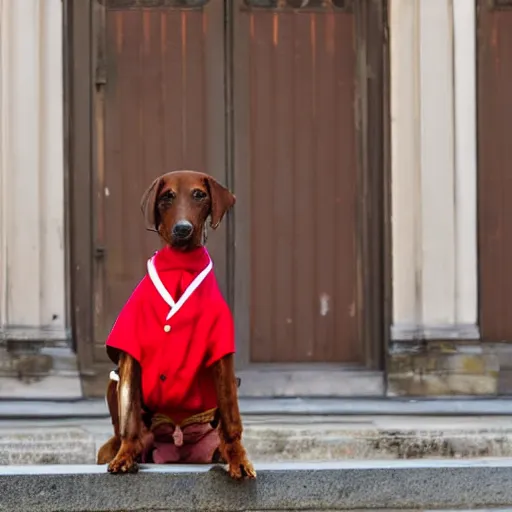 Prompt: a dog with a red lab coat, stock photo