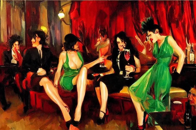 Image similar to glam rockers drinking wine, inside a green saloon with red lights by joaquin sorolla, phil hale, extremely detailed