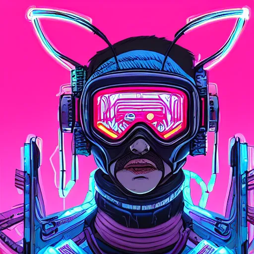 Prompt: a drawing of a creature with glowing techwear goggles, cyberpunk art by josan gonzalez, behance contest winner, shock art, synthwave, darksynth, vaporwave