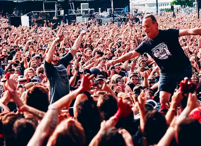 Image similar to photo still of tom hanks at vans warped tour!!!!!!!! at age 4 5 years old 4 5 years of age!!!!!!! stage diving into a crowd, 8 k, 8 5 mm f 1. 8, studio lighting, rim light, right side key light