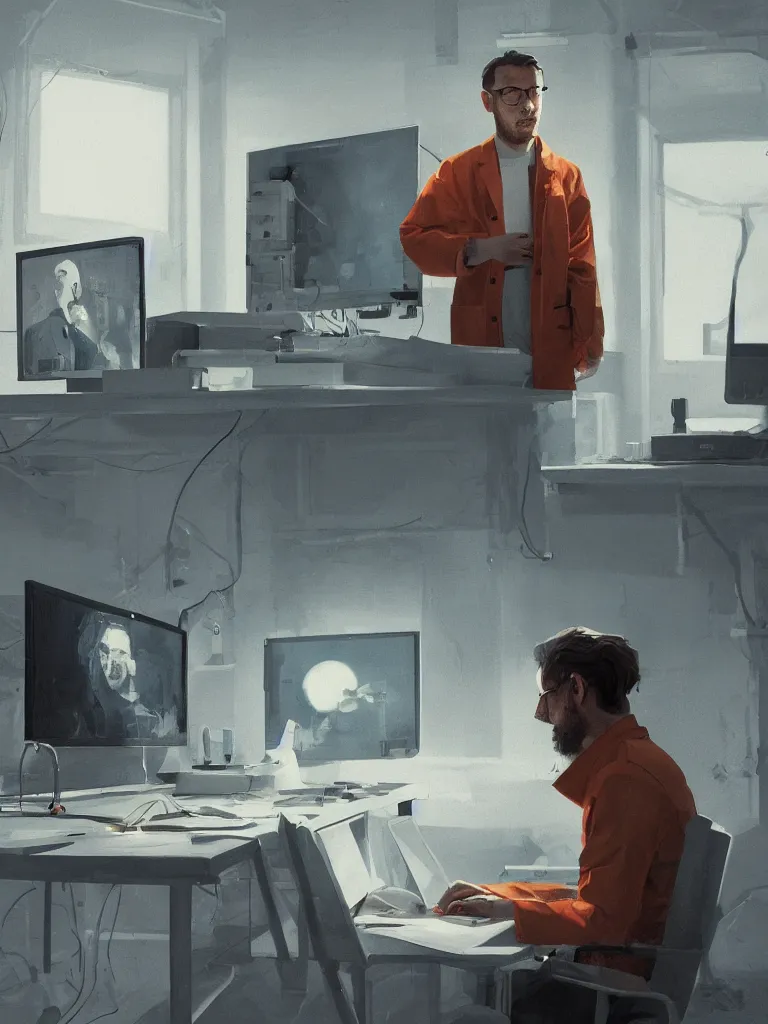 Prompt: a portrait of a researcher in a white coat in front of a computer and screens in a painting from stalenhag, 4 k, 8 k, hdr, artstation