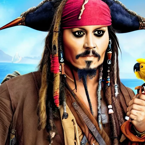 Image similar to jack sparrow with a parrot on the shoulder, portrait, 8k resolution, hyper detailed