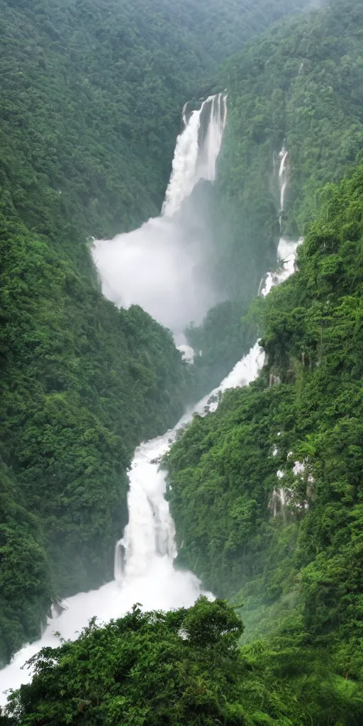 Image similar to a Cloudy peak in southern China with one waterfall, the style of National Geographic magazine