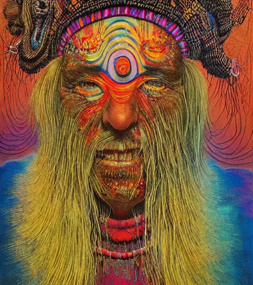 Prompt: Portrait painting in a style of Beksinski mixed with Alex Grey of an old shaman dressed in a colorful traditional clothes. psychodelic