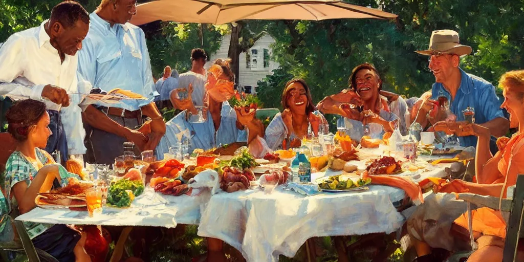 Prompt: backyard bbq in harlem in summer sunset, painting by vladimir volegov, norman rockwell, tom of finland, trending on artstation