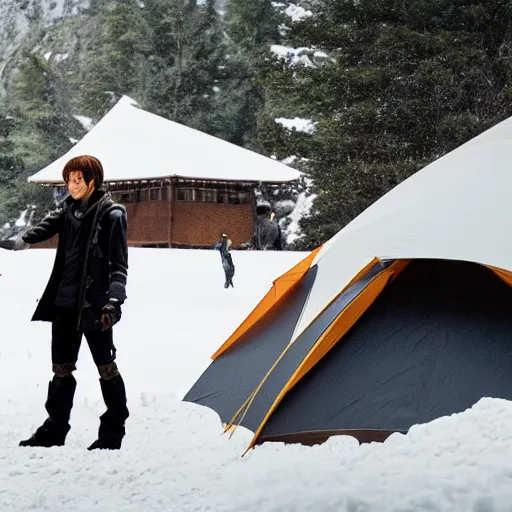 Image similar to a movie still from final fantasy live action, a traveler camping alone in the snow