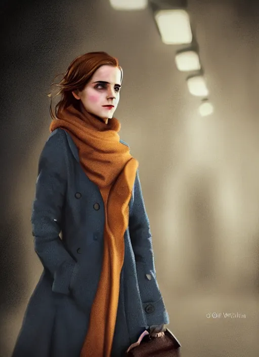 Prompt: movie scene of emma watson, short auburn hair, wearing baggy trench coat, scarf, realistic face, standing in london underground tube platform, digital painting, dramatic lighting