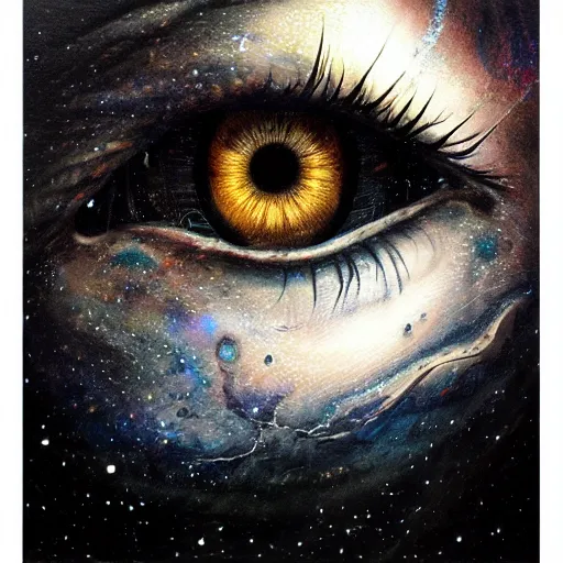 Prompt: low angle shot of a eye leaking black oil with the galaxy in the iris by clive barker, intricate, elegant, highly detailed, centered, digital painting, artstation, concept art, smooth, sharp focus, illustration, artgerm, Tomasz Alen Kopera, Peter Mohrbacher donato giancola, Joseph Christian Leyendecker, WLOP, Boris Vallejo.