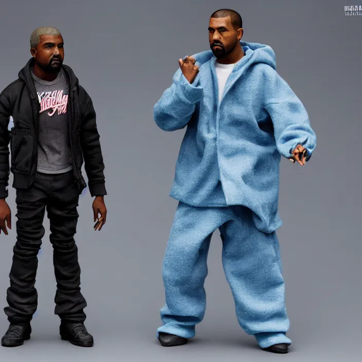 Image similar to a hot toys figure of kanye west using full face - covering cloth. a small, tight, undersized reflective bright blue round puffer jacket made of nylon. a black shirt underneath. dark jeans pants. a pair of big black rubber boots, figurine, detailed product photo