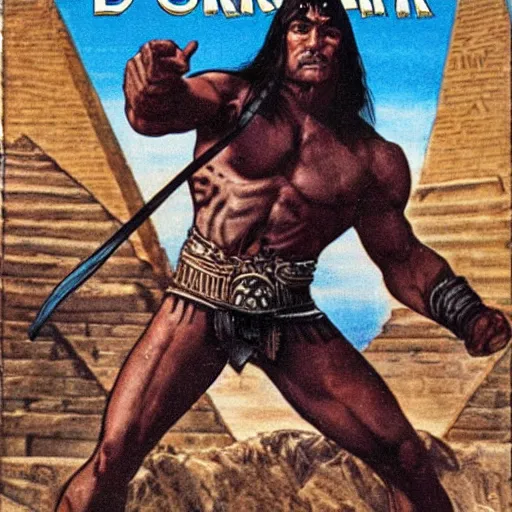 Prompt: conan the barbarian bare handed, egyptian landscape, comic book cover