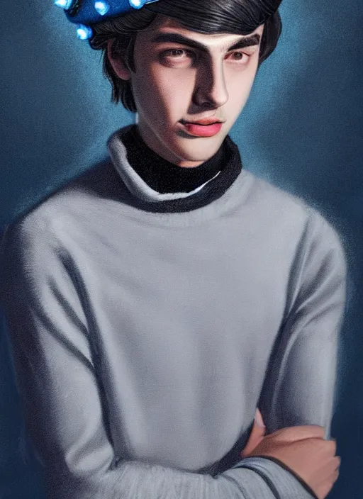 Image similar to portrait of teenage jughead jones wearing a light grey crown, crown, blue turtleneck, 1 9 5 0 s, closed eyes, photorealistic, black hair, glowing lighting, intricate, elegant, glowing lights, highly detailed, digital painting, artstation, concept art, smooth, sharp focus, illustration, art by wlop, mars ravelo and greg rutkowski