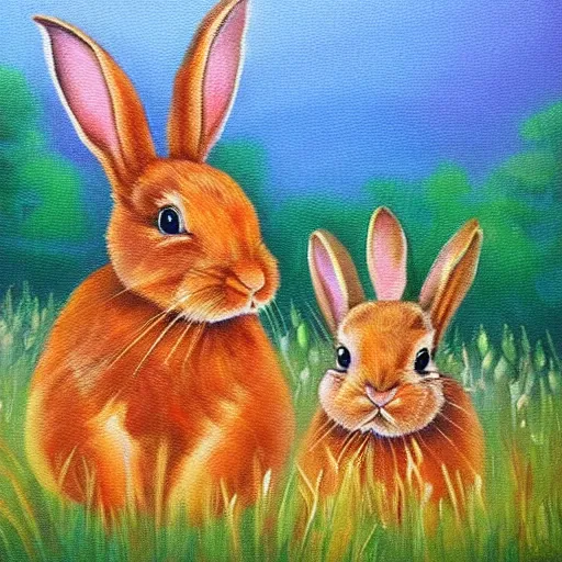 Prompt: beautiful oil painting of rabbit family, vibrant