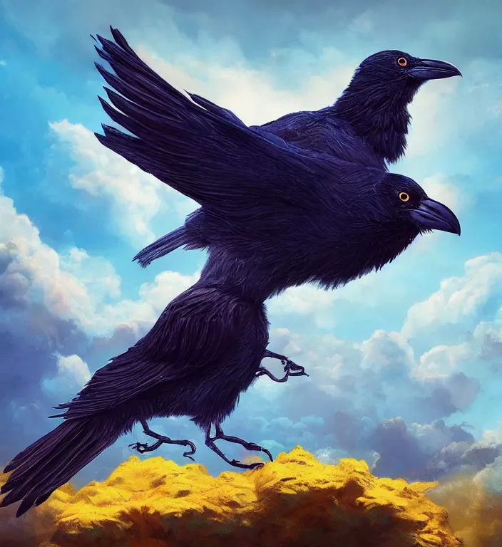 Image similar to raven bird, puma puffy clouds, james jean style, vfx art, unreal engine render, claymation style, colourful, volumetric light, digital painting, digital illustration, dramatic light,