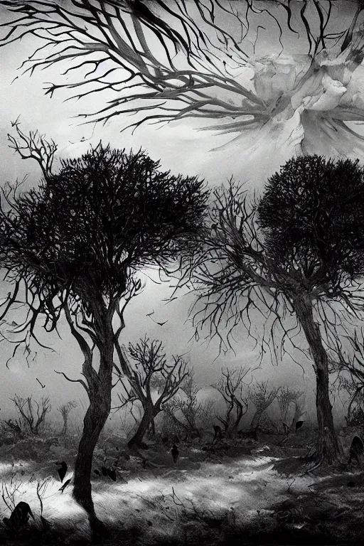 Prompt: in the black storm, gnarled trees on a darkling plain, murder of crows, drawn by christan delort and jean gireaud, graphic black and white, low camera, wide angle, centered composition, golden ratio