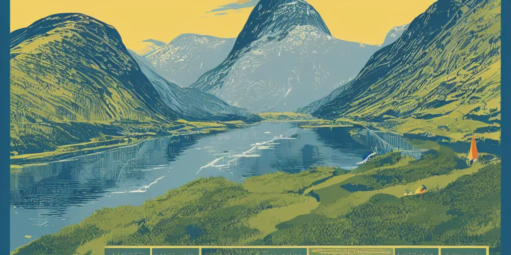 Prompt: beautiful idyllic poster illustration for a norwegian fjord valley national park by ludwig hohlwein, ludwig hohlwein, graphic, clean bold design no text