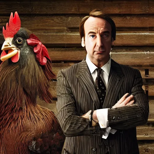 Image similar to saul goodman and a rooster in a saw movie torture chamber, saw movie jigsaw background, saul goodman, rooster, photo