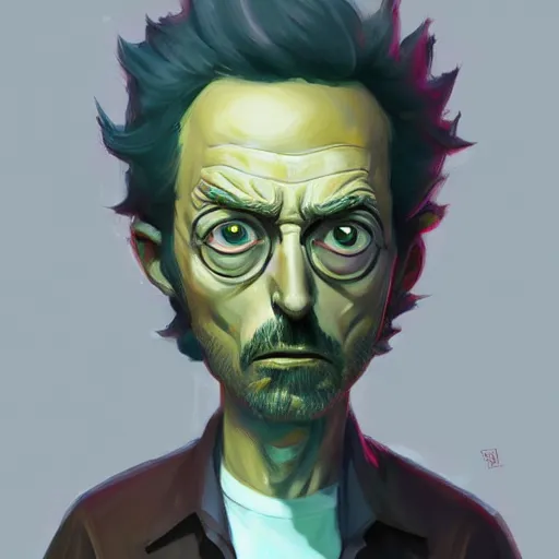 Image similar to A highly detailed full body portrait painting of Rick from Rick and Morty, Greg Rutkowski, trending on artstation