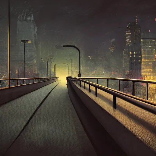 Image similar to a lonely boy on a city bridge looking to the river at night, digital painting, masterpiece, digital art, hyperrealistic, concept art, octane render, unreal engine 5, trending on deviantart, sad atmosphere, centered, anatomically correct, oil painting, high contrast, serene scenery, loneliness, path traced, dark night, paul lehr, 2 d