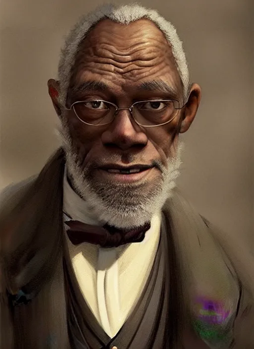 Image similar to a portrait of an old black man with a crooked nose in victorian clothing, confident pose, intricate, elegant, sharp focus, illustration, highly detailed, concept art, matte, trending on artstation, anime, art by james jean and artgerm and brian despain and alberto mielgo, greg rutkowski, wlop, ilya kuvshinov, strong strokes