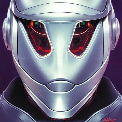 Image similar to a simple concept art portrait of an amazingly designed robot with a sleek modern helmet. an award winning yoshitaka amano digital art poster color painting. a masterpiece by james gurney. poster colour on canvas.