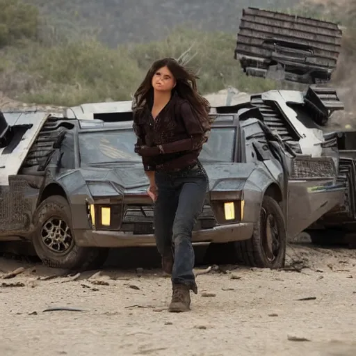 Image similar to High quality movie still of Selena Gomez as Mikaela in Michael Bay's Transformers