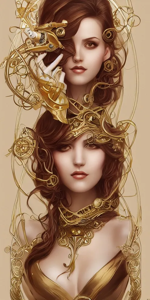 Prompt: beauty art nouveau woman, ivory and gold robotic, trending on artstation, by Artgerm