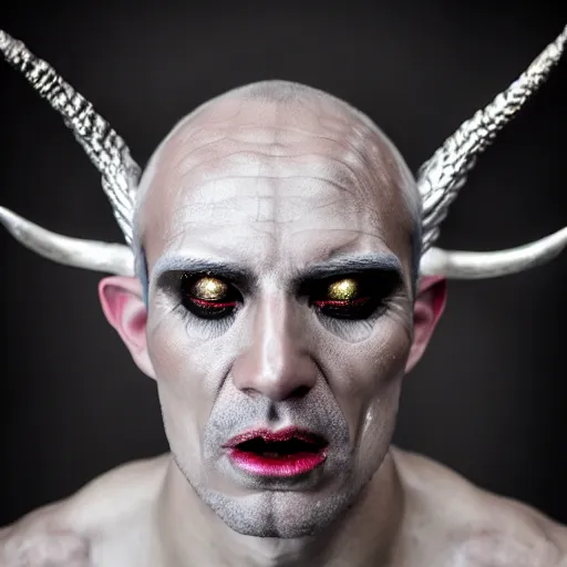 Image similar to photorealistic, iso - 4 0 0, canon eos 5 d mark iv, shot on 7 0 mm, portrait of male archangel bellringer with colloidal silver skin makeup, from lexx by lee jeffries and platon, flames halo ring over head, demonic, horns, fangs, nd 4, perfect studio lighting