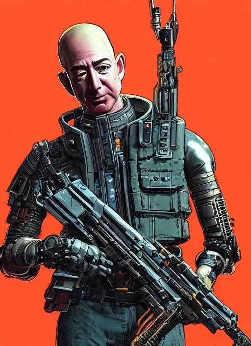 Image similar to jeff bezos as a menacing cyberpunk mercenary with robotic blade arms wearing a military vest and jumpsuit. dystopian. portrait by stonehouse and mœbius and will eisner and gil elvgren and pixar. realistic proportions. cyberpunk 2 0 7 7, apex, blade runner 2 0 4 9 concept art. cel shading. attractive face. thick lines.