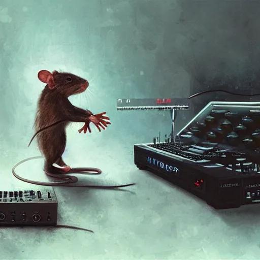 Image similar to a rat cyborg playing with a tb-303 synthesizer, by ruan jia