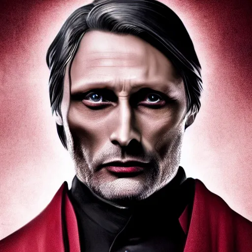 Prompt: mads mikkelsen as a vampire, male, late - 4 0 s aged, shoulder length hair, slicked black hair, red eyes, clean shaven, wearing a cape, regal, royal, grim facial expression, high medieval fantasy, full color digital art, cinematic shot, full body shot.