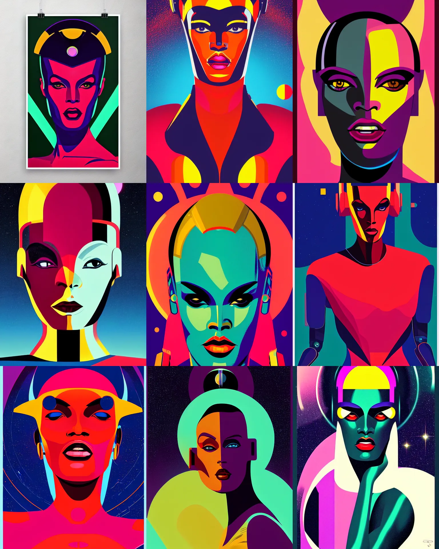 Prompt: art deco poster of android grace jones 2 2 years old space woman, half robot and half woman, retro futurism, solaris, half portrait by stanley artgerm, dramatic lighting, ilya kuvshinov, trending on artstation, flat colour, geometric curves, gradient filter, pleasing tone colours