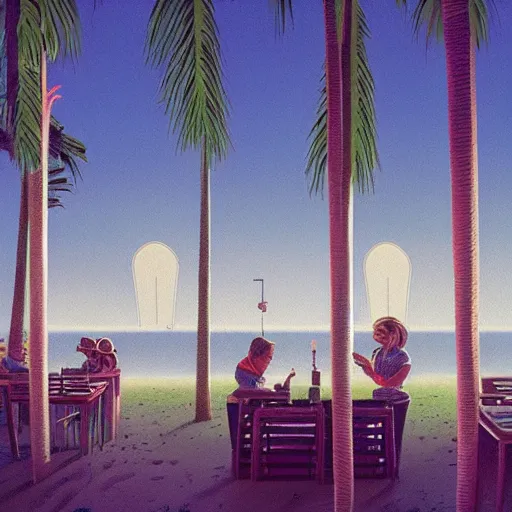 Prompt: inside restaurant at the beach with palm trees by simon stalenhag