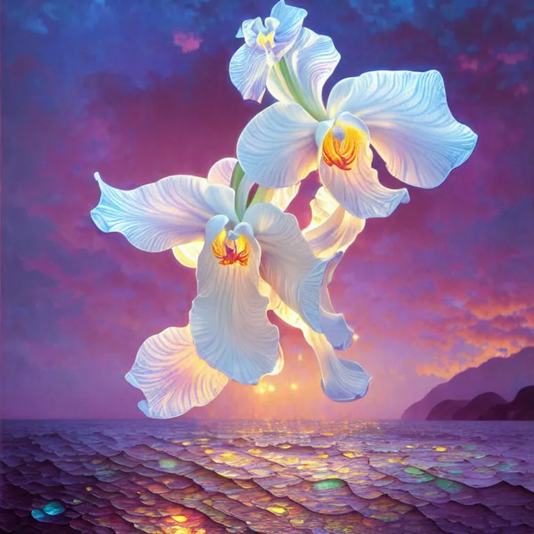 Image similar to detailed giant white holographic orchid iris hybrid flower surrounded by ocean waves, lsd water, lsd ripples, droplets, backlit, sunset, refracted lighting, art by collier, albert aublet, krenz cushart, artem demura, alphonse mucha