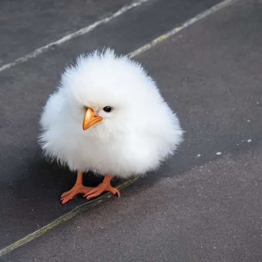 Prompt: fluffy chick looking at the camera, on a skateboard with the nose up, on floor with tiles, photorealistic