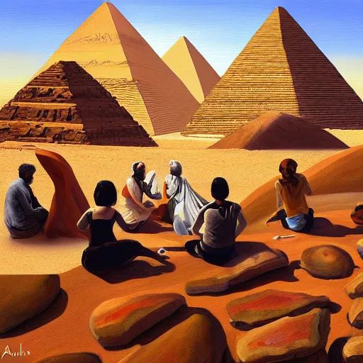 Prompt: a painting of a group of people sitting on rocks, a surrealist painting by abdullah gerguri, cg society, neo - primitivism, fractalism, egyptian art, artstation