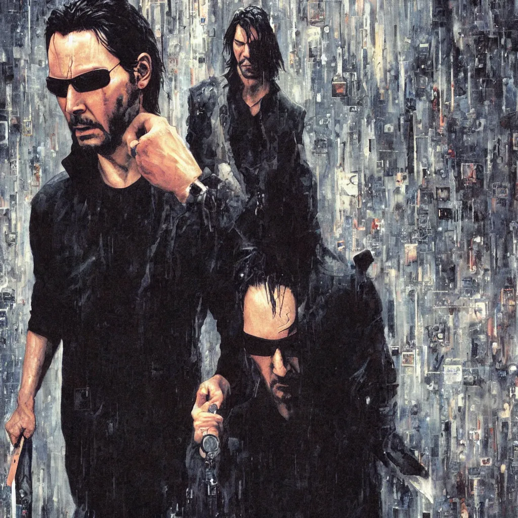 Prompt: A Les Edwards painting of Keanu Reeves in The Matrix movie