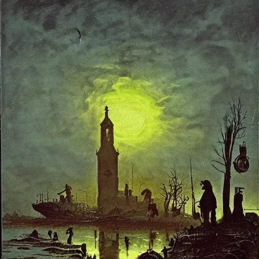 Image similar to zombies, innsmouth, fishing town, church, night, dramatic light, lovecraft, painted by caspar david friedrich