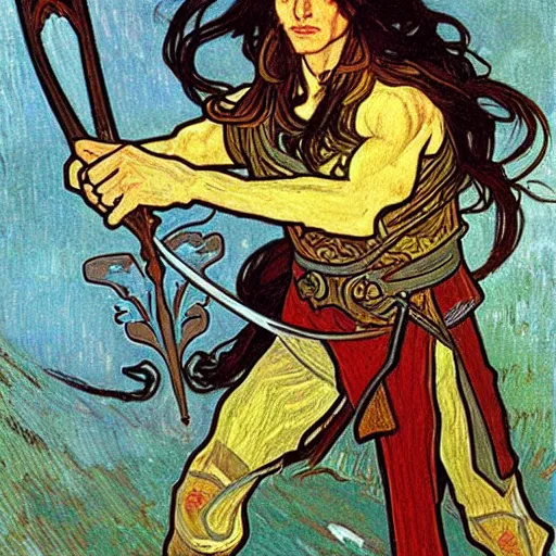 Image similar to painting of elf paladin with long dark hair fighting goblins with his sword, wearing armor, modest, art by alphonse mucha, vincent van gogh, egon schiele,