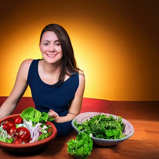 Prompt: extremely detailed professional photo, studio lighting, woman with bowl of salad