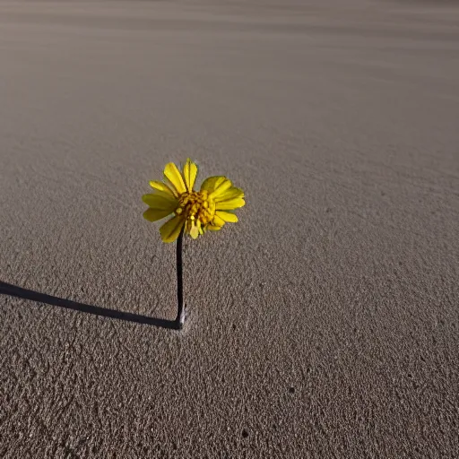 Prompt: a single small pretty desert flower blooms in the middle of a bleak arid empty desert, sand dunes, clear sky, low angle, dramatic, cinematic, tranquil, alive, life.