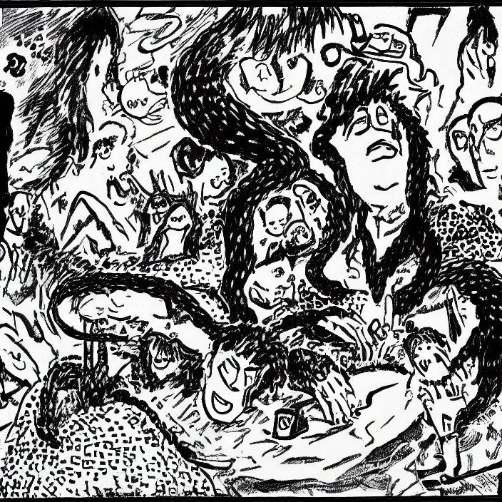 Image similar to a still frame from comic strip, black fluffy hairy snake 1 9 5 0, herluf bidstrup, new yorker illustration, monochrome contrast bw, lineart, manga, tadanori yokoo, simplified,