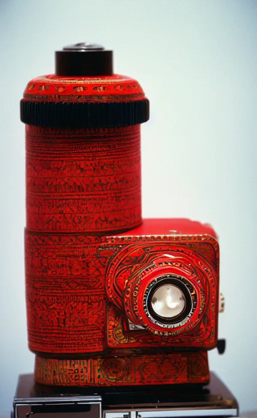 Image similar to a bright color photography of an ethnographic object in a white room, leica m 6