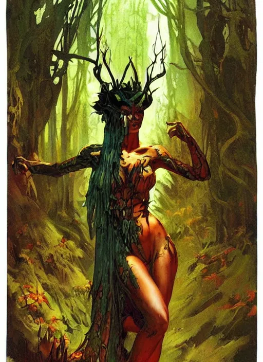 Image similar to mighty fey queen, vine dress, glowing forest, strong line, eerie color, beautiful! coherent! by frank frazetta, by brom