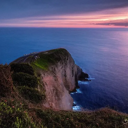 Prompt: night, blue hour, early night, deep blue atmosphere, overcast, low light, sundown, scattered islands, sea, ocean, low pressure system, cloud with eye, very windy, late evening, distant hotel retreat on cliffside, shining lights on cliff side, polaroid photograph