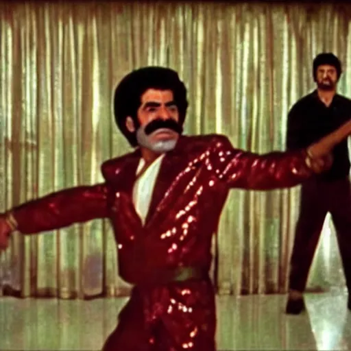 Image similar to A movie still of Saddam Hussein wearing a disco suit in Satuday Night Fever