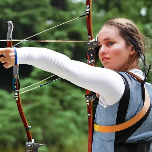 Image similar to realistic, attractive sports woman in archery, pointing his bow, highly detailed