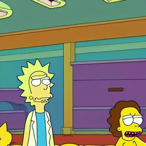 Image similar to Rick & Morty starring in the simpsons couch-gag